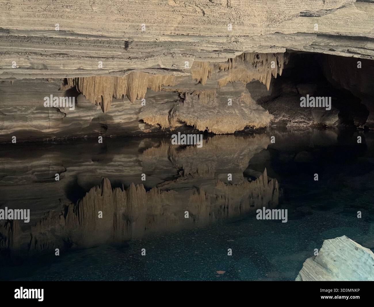 The shimmering turquoise waters inside Gruta da Pratinha at Fazenda Pratinha. - Smartphone Captured Stock Image