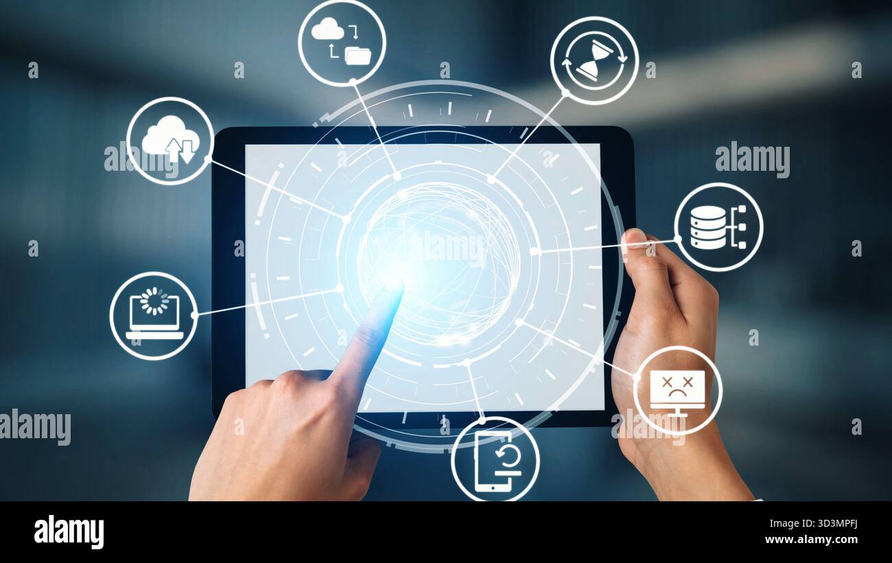 Cloud backup system connects devices through a secure data backup network. Data backup ensures protection, data backup reliability, and recovery. Gist Stock Photo