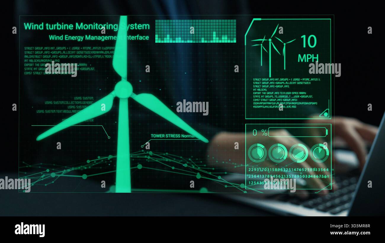 A futuristic wind turbine monitoring system interface showcasing real ...