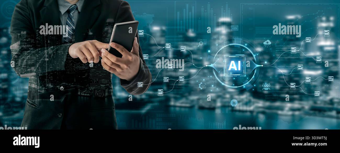 An AI-powered system for automating data workflows. The central intelligence processes and distributes information, managing complex data pipelines as Stock Photo