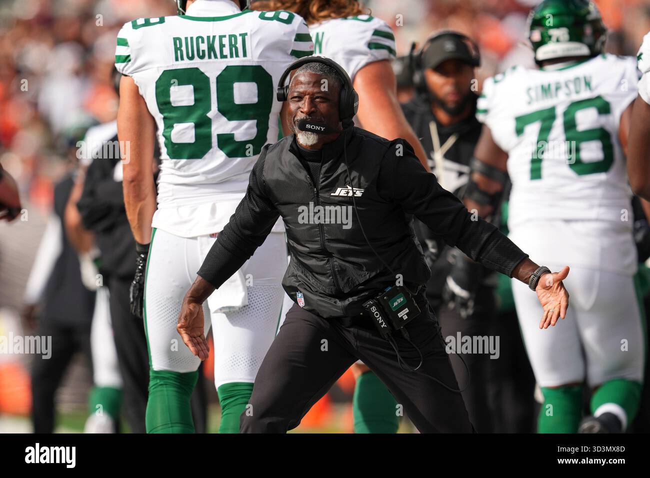 New York Jets head coach Aaron Glenn reacts during an NFL football game ...