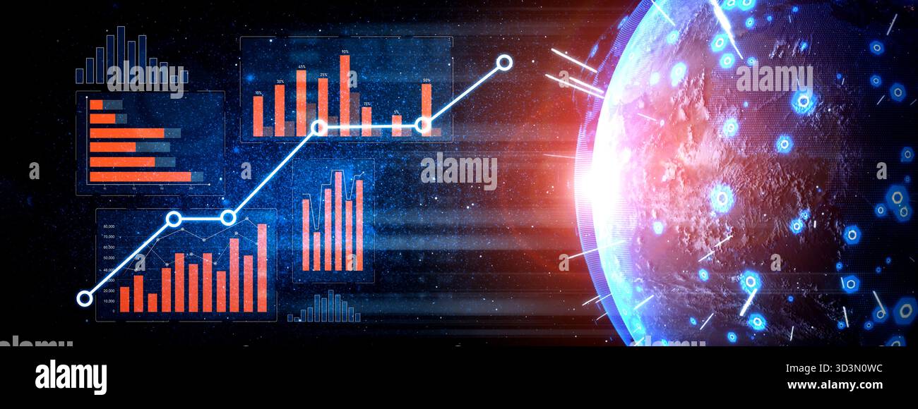 This image depicts a futuristic data visualization featuring graphs and ...