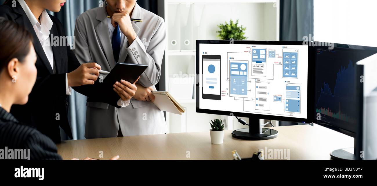 UX UI design process for brisk mobile application and website . Creative prototype of wireframe for professional app developer . Stock Photo