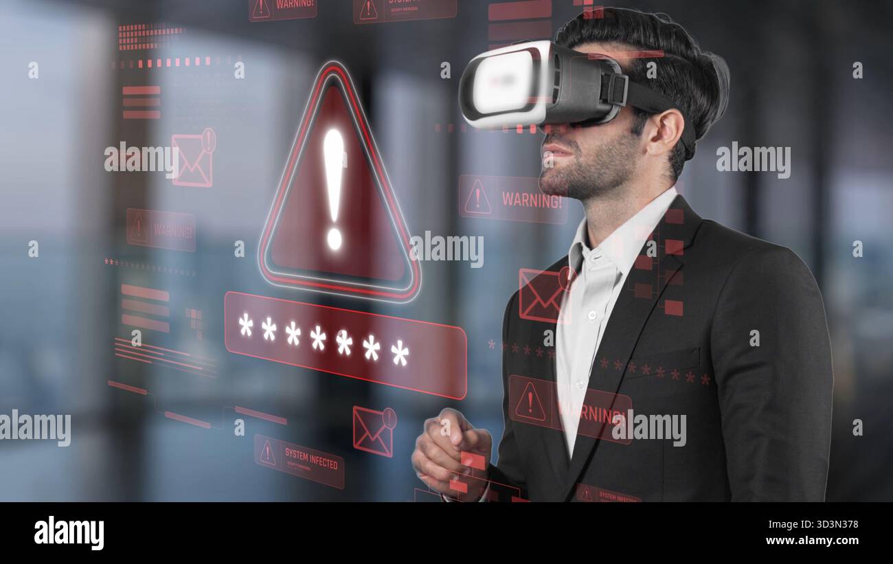 A businessman immersed in a virtual reality experience while interacting with digital displays featuring warning alerts, emphasizing modern technology Stock Photo