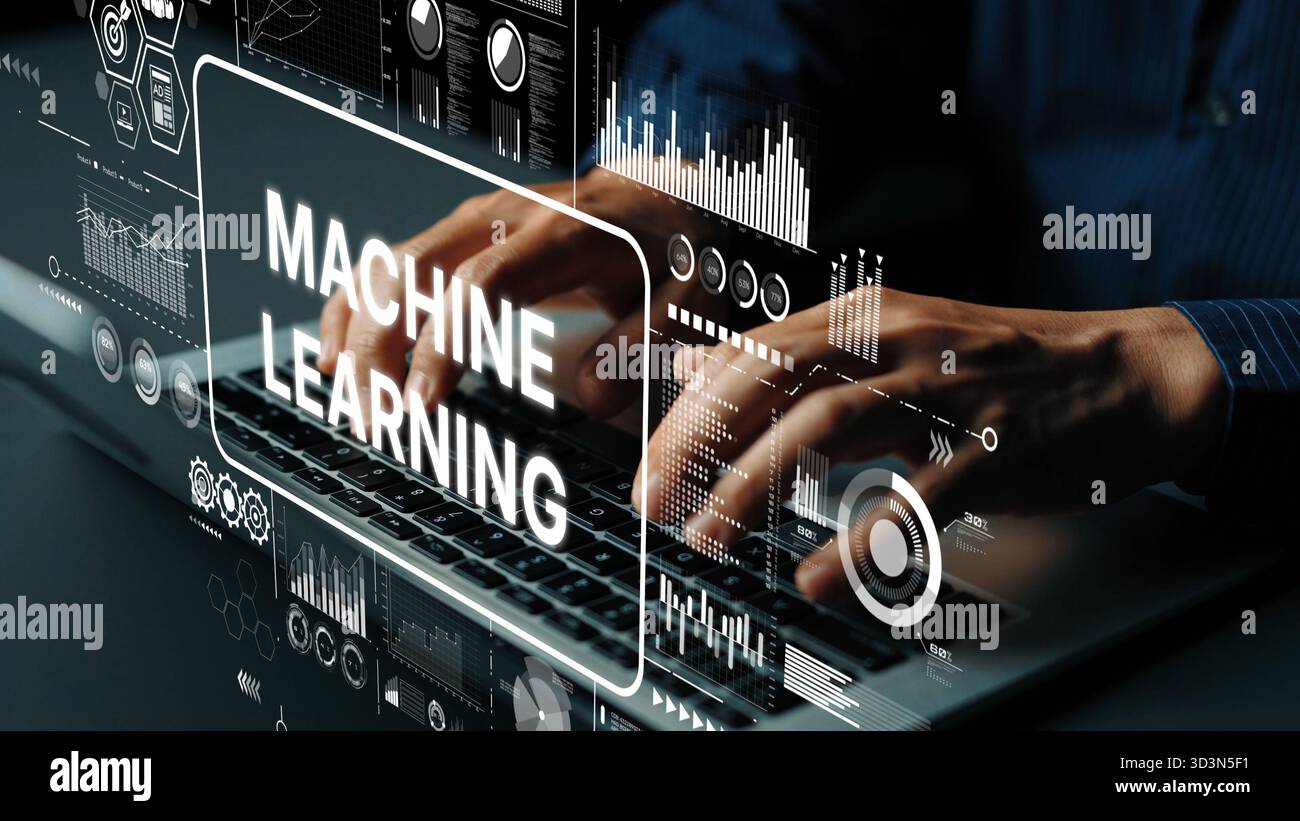 Futuristic Technology Concept with Hands Typing on Laptop and Machine Learning Graphics Overlay. Asymptotic smart data analytic. Stock Photo