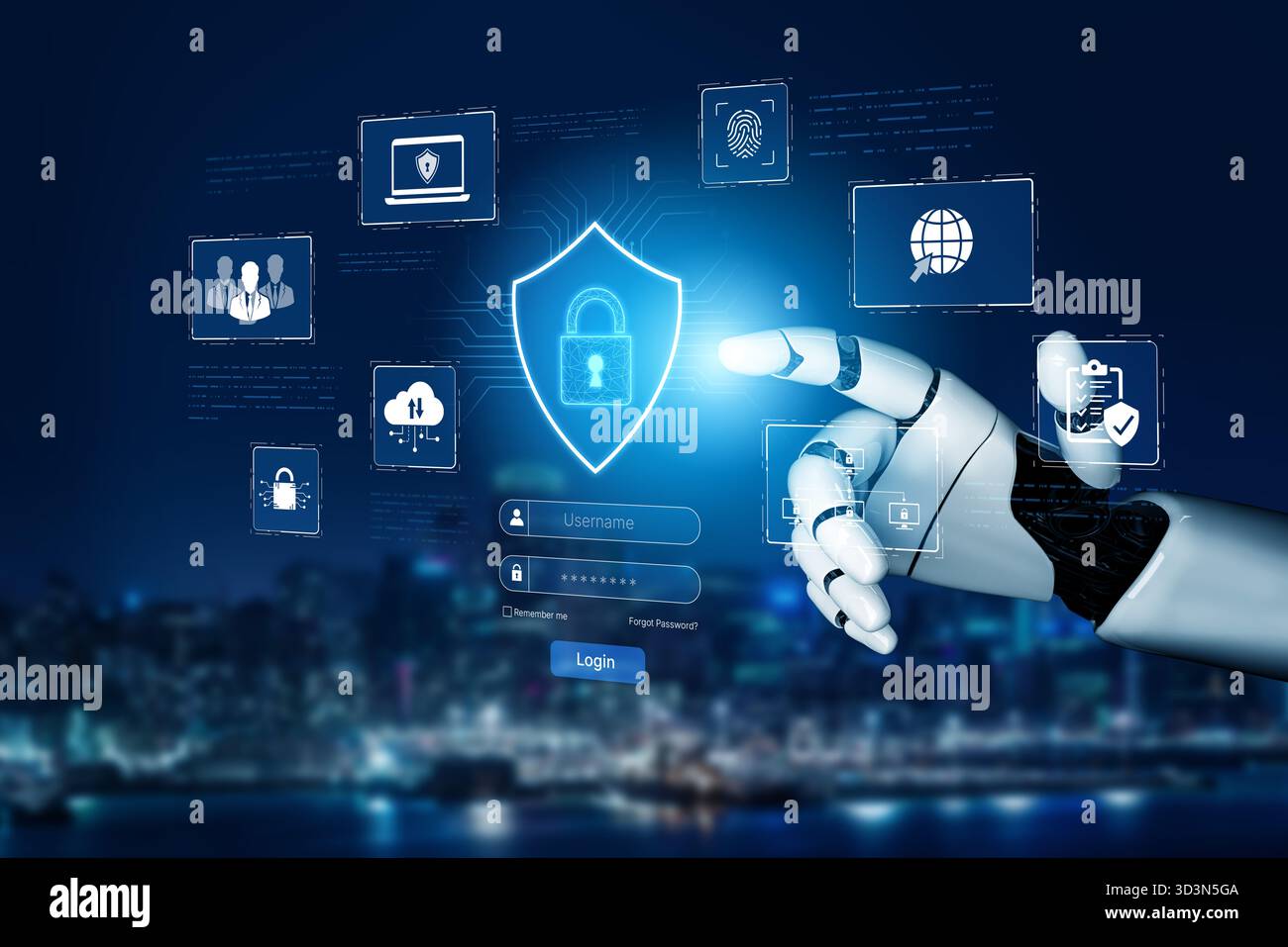 An AI assistant manages a comprehensive cybersecurity platform. The system uses intelligent authentication and access control to protect the corporate Stock Photo
