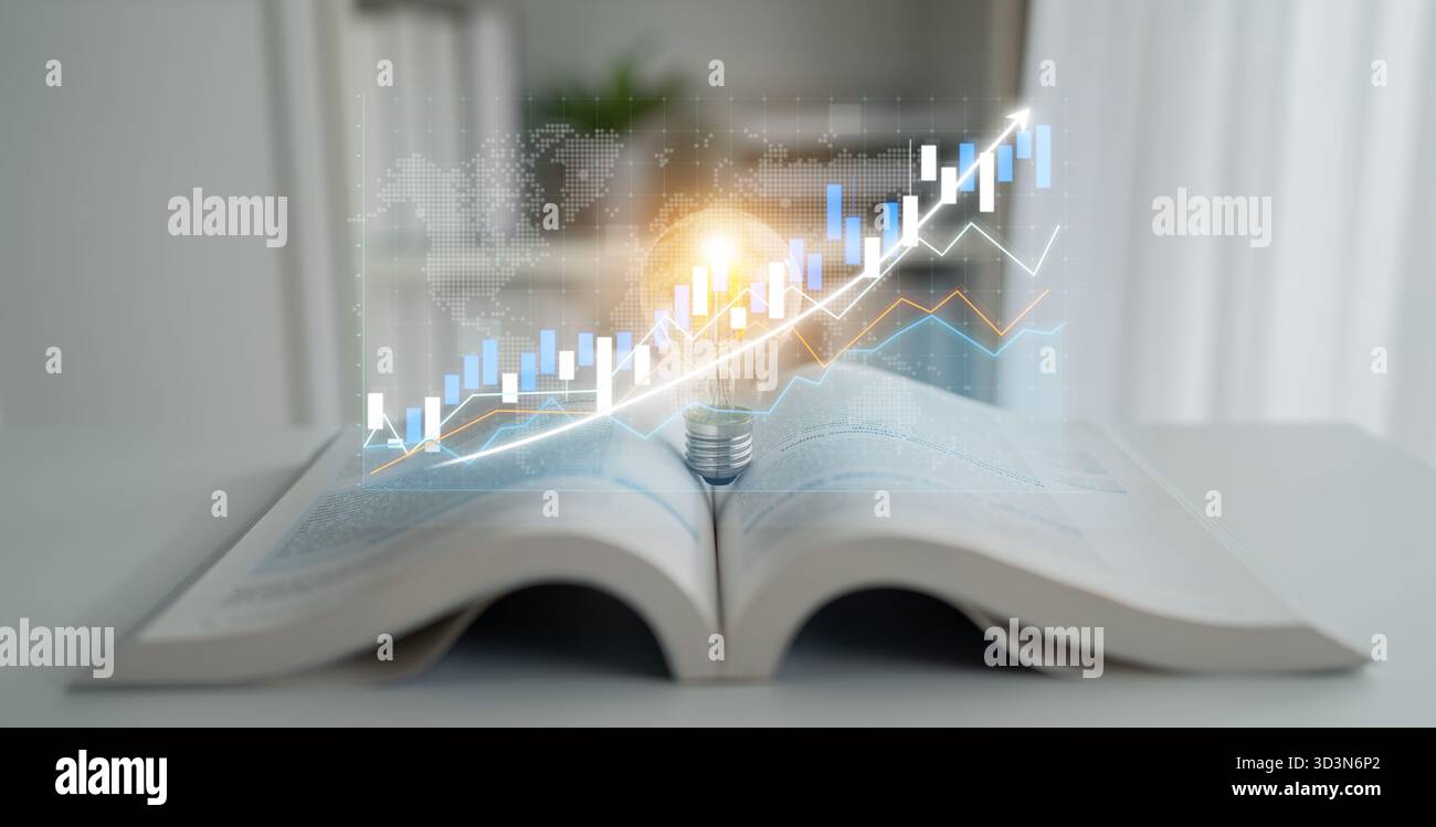 An open book with a glowing light bulb and digital graph illustrates ...