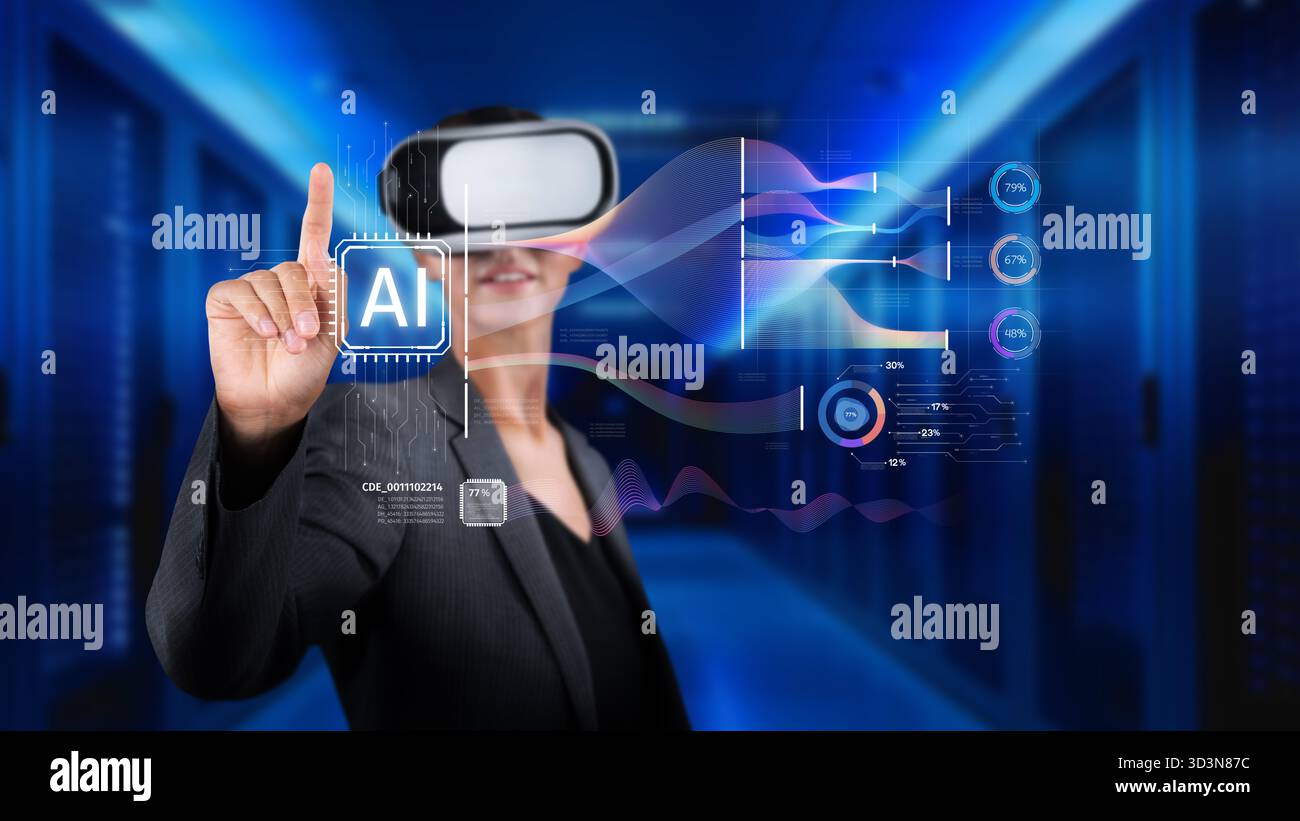 Explore the intersection of generative AI and big data visualization in a high-tech setting, showcasing innovative virtual reality technology and user Stock Photo