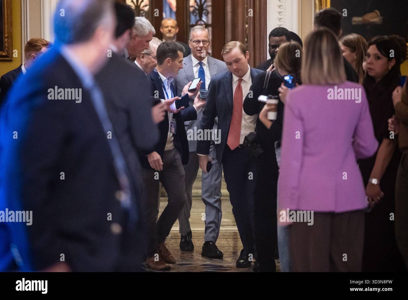 Senate Majority Leader John Thune (R-S.D.) speaks with reporters as he ...