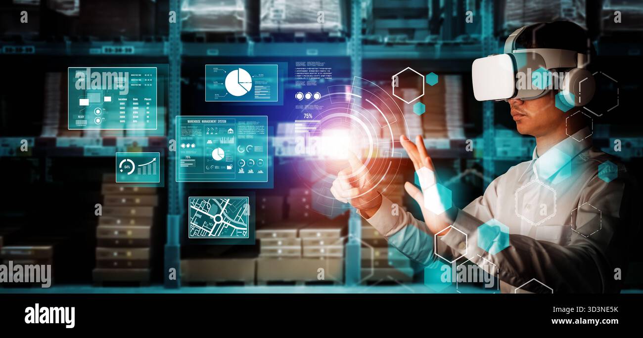Future virtual reality technology for innovative VR warehouse management . Concept of smart technology for industrial revolution and automated Stock Photo