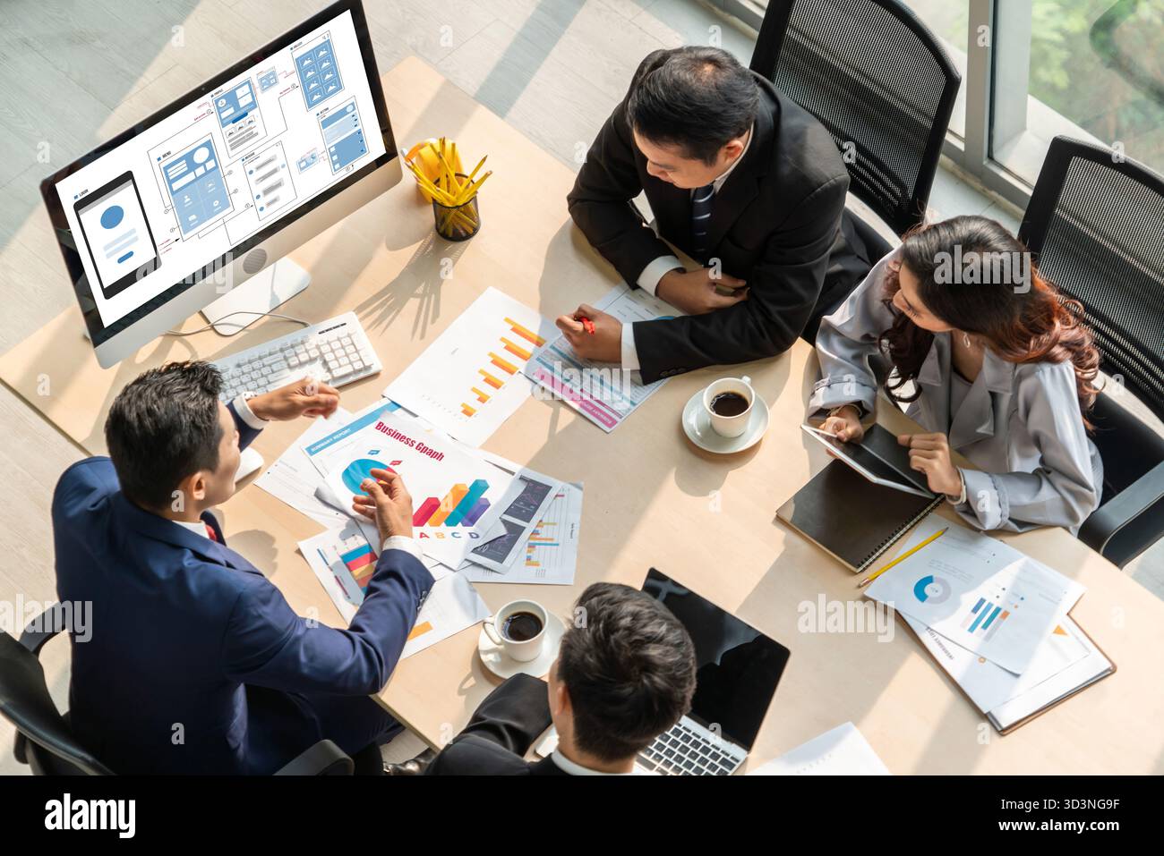 UX UI design process for modish mobile application and website . Creative prototype of wireframe for professional app developer . Stock Photo