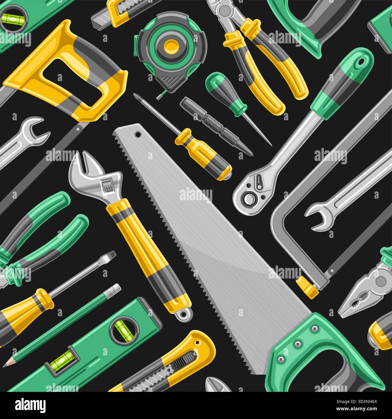 Vector Hardware Tools seamless pattern, decorative background with multi colored flying hardware tools for wrapping paper, square cover with group of Stock Vector