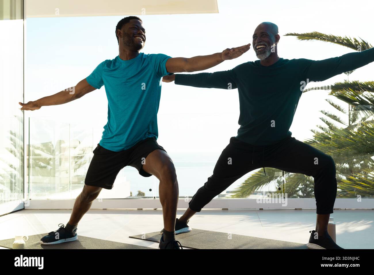 Men Balancing Practicing African American men balancing yoga poses on yoga mats on ...