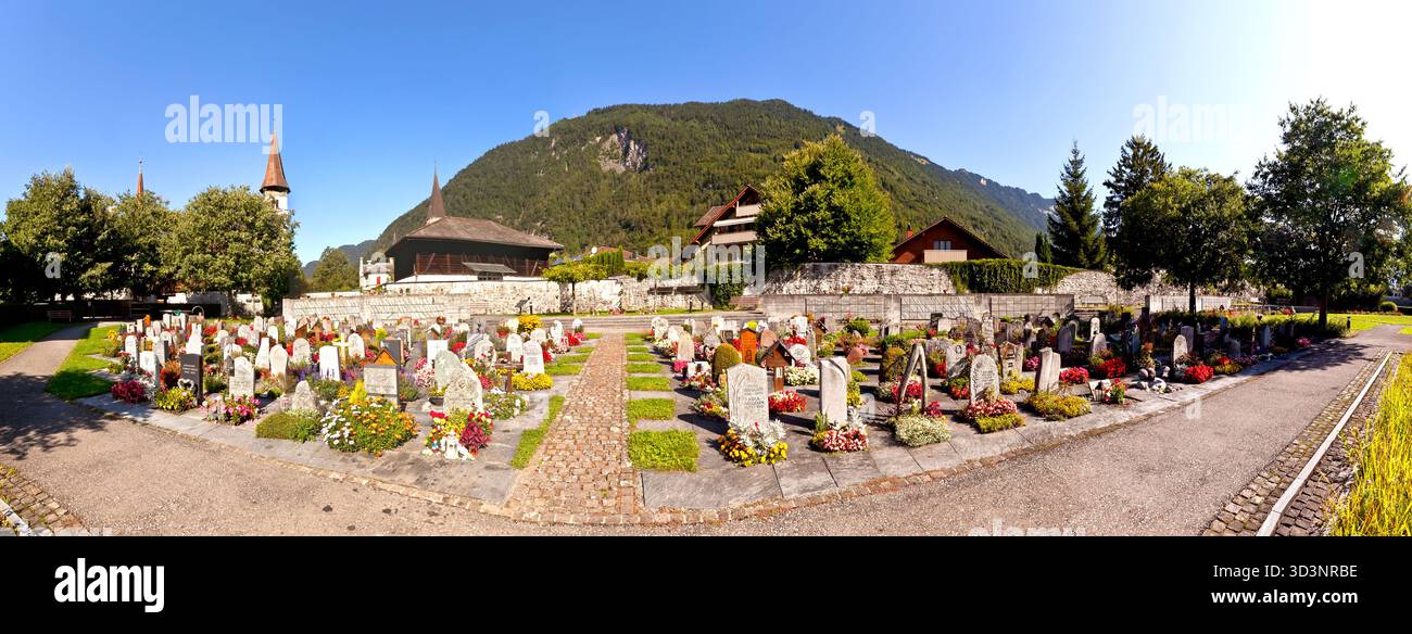 A panorama of the historical heritage graveyard in Interlaken which is part of the historical monastery. Stock Photo