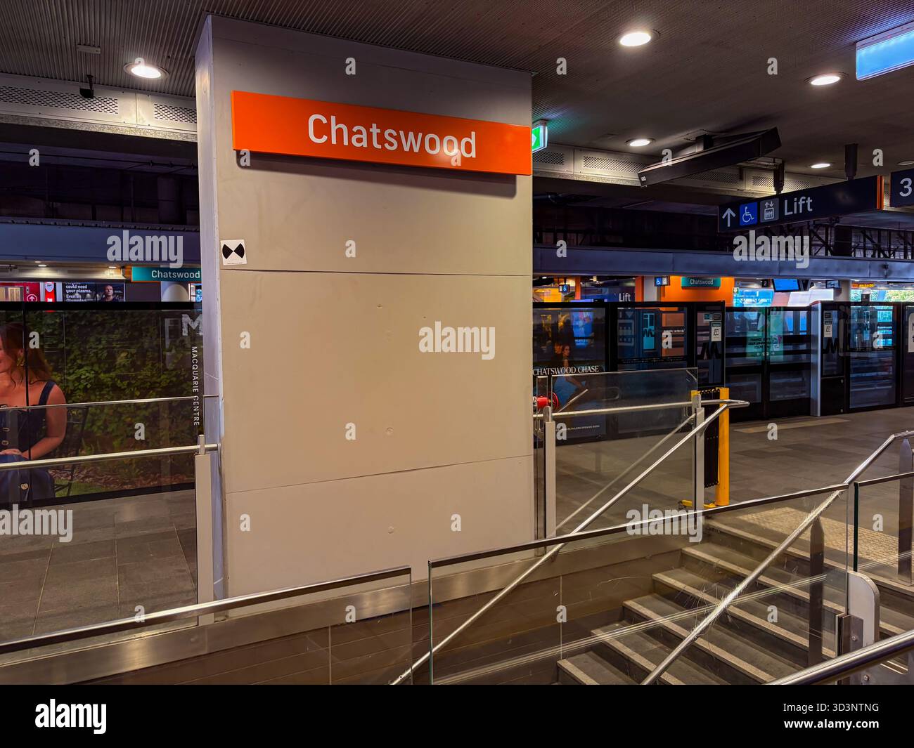 Viewing Platform Railing Sign Chatswood train station platform in Sydney, Australia, featuring an ...