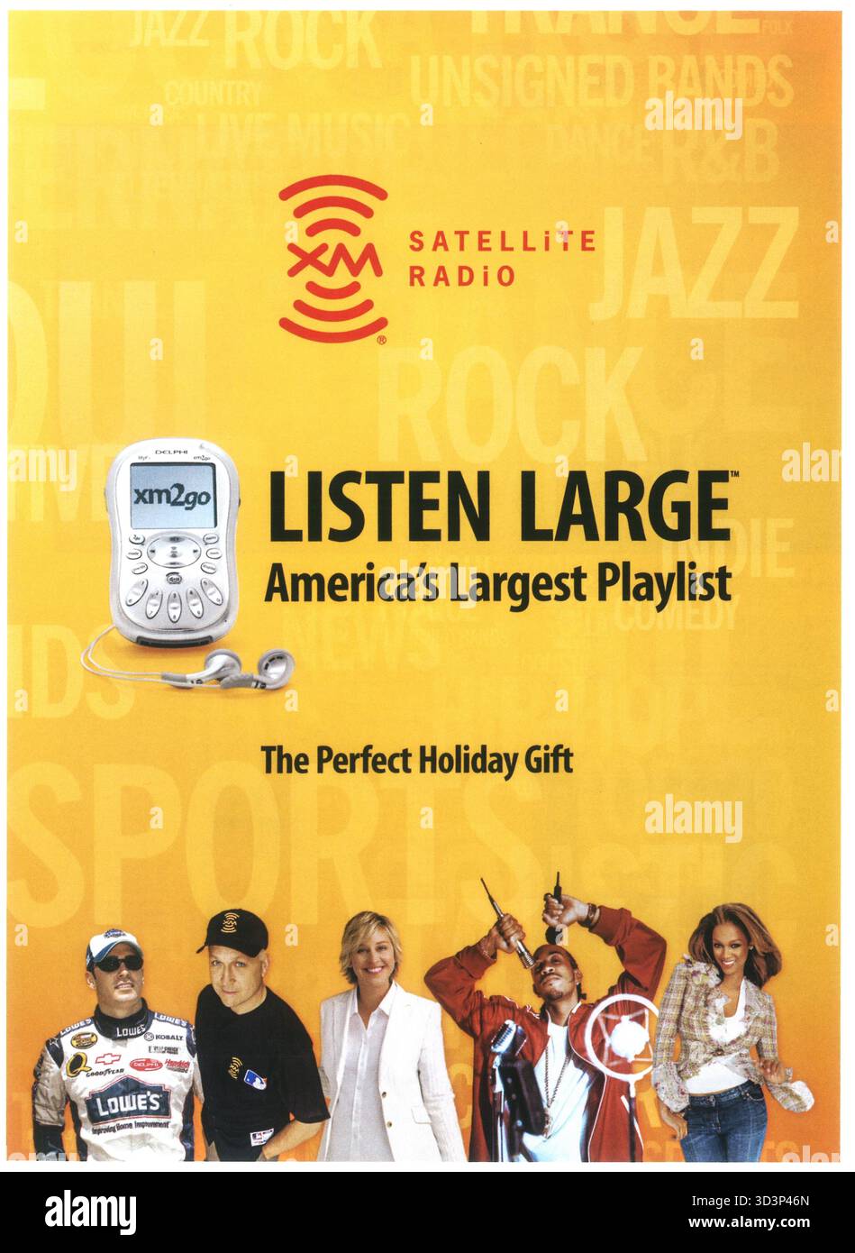 2005 XM Satellite Radio ad, highlighting  Delphi MyFi XM2go player as "The Perfect Holiday Gift", featuring various music genres and celebrities Stock Photo