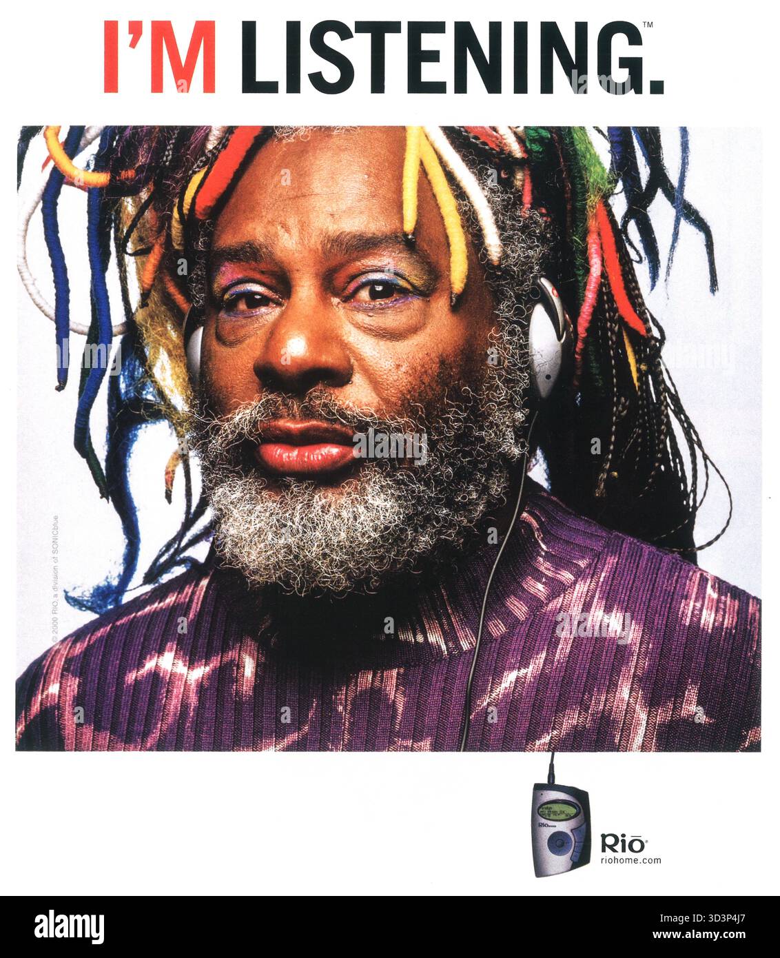2001 Rio digital audio player ad featuring George Clinton of Parliament-Funkadelic funk band Stock Photo