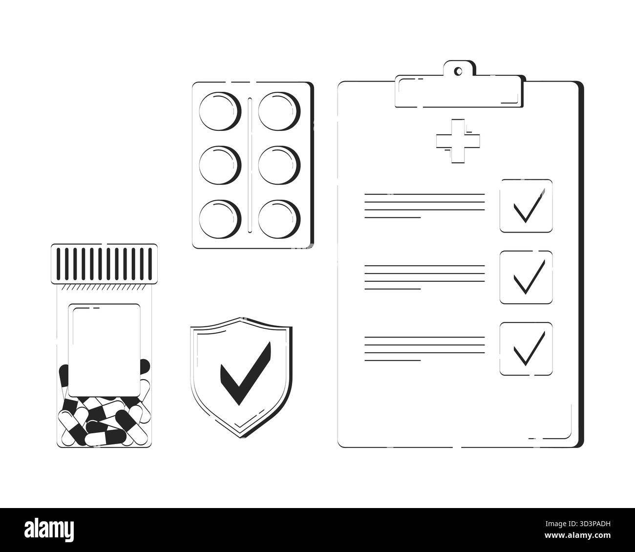 Healthcare coverage and medication doodle linear objects set Stock Vector