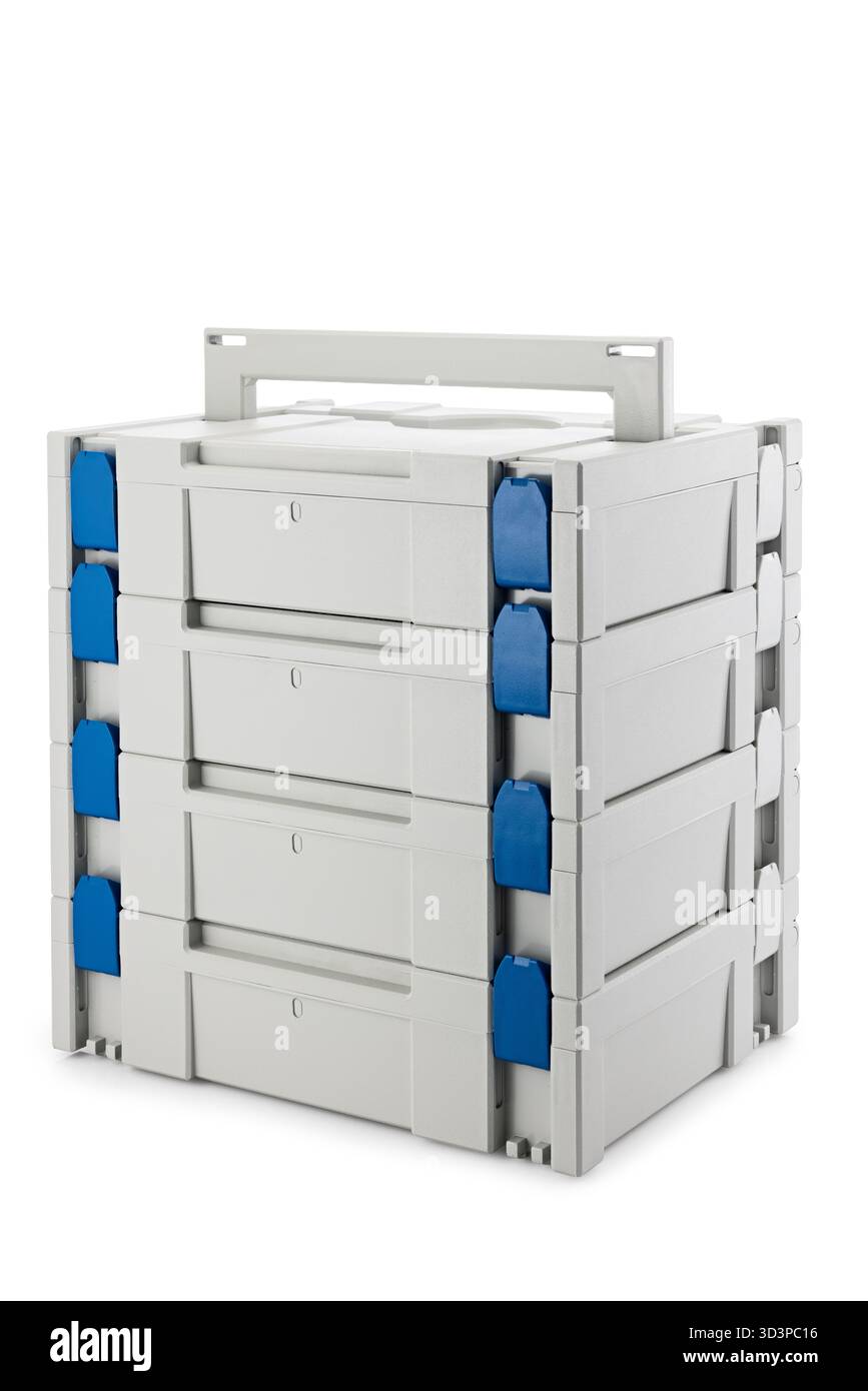 Modular Plastic Storage Drawers Stack With Blue Tabs For Office Garage And Workshop Organization Stock Photo