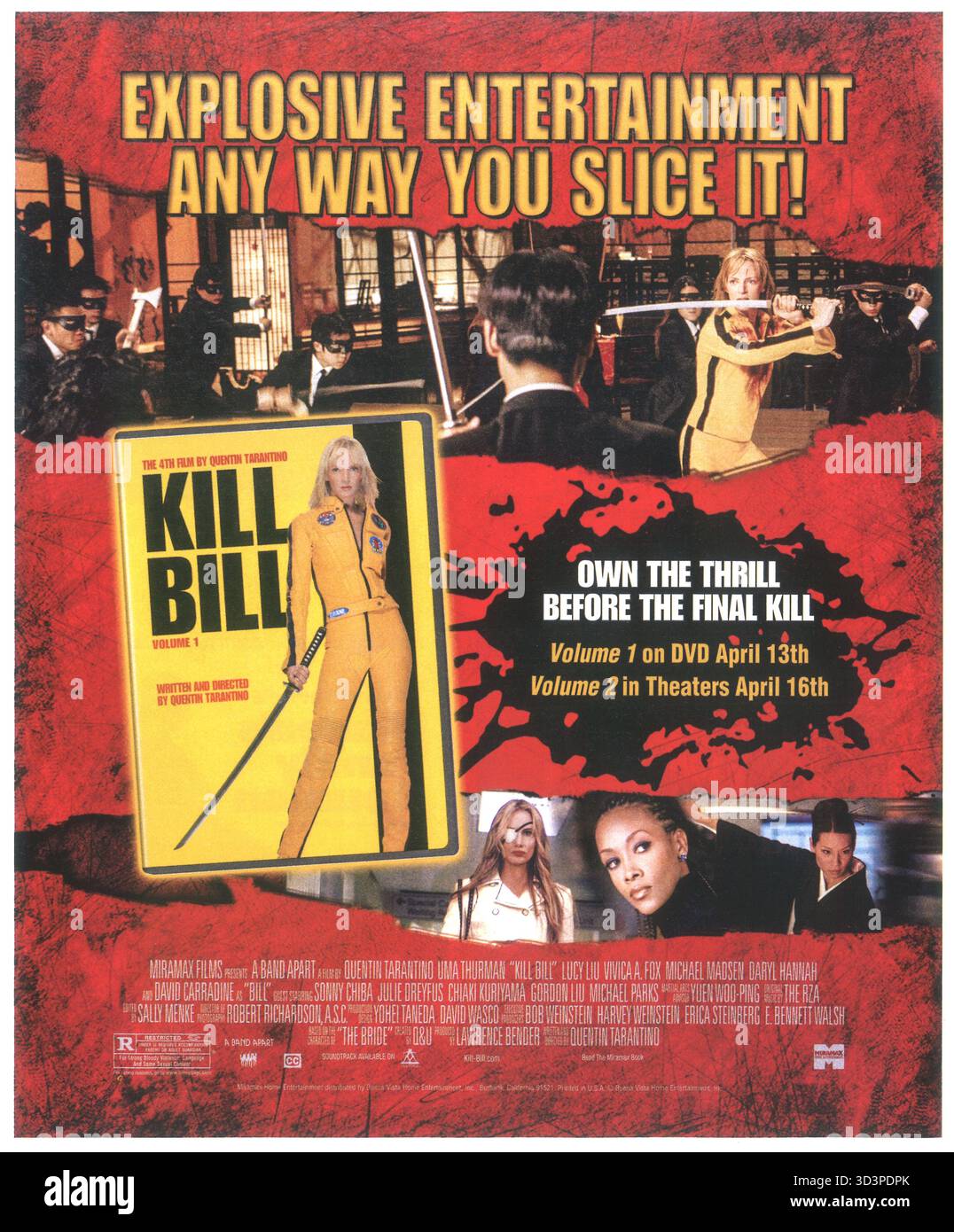 2004 Promotional poster for the Quentin Tarantino films Kill Bill: Volume 1 on DVD April 13th and Kill Bill: Volume 2 in theatres April 16th Stock Photo