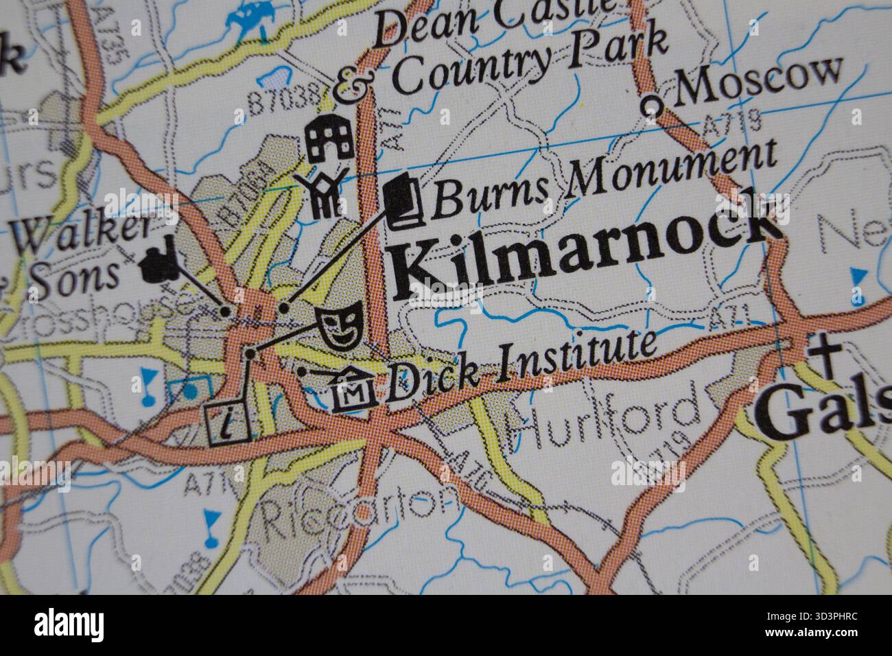 Kilmarnock - United Kingdom colour atlas map town name of the area ...
