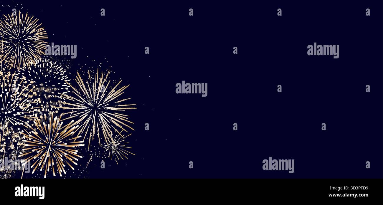 Fireworks border, New Year banner with gold vector fireworks on dark ...