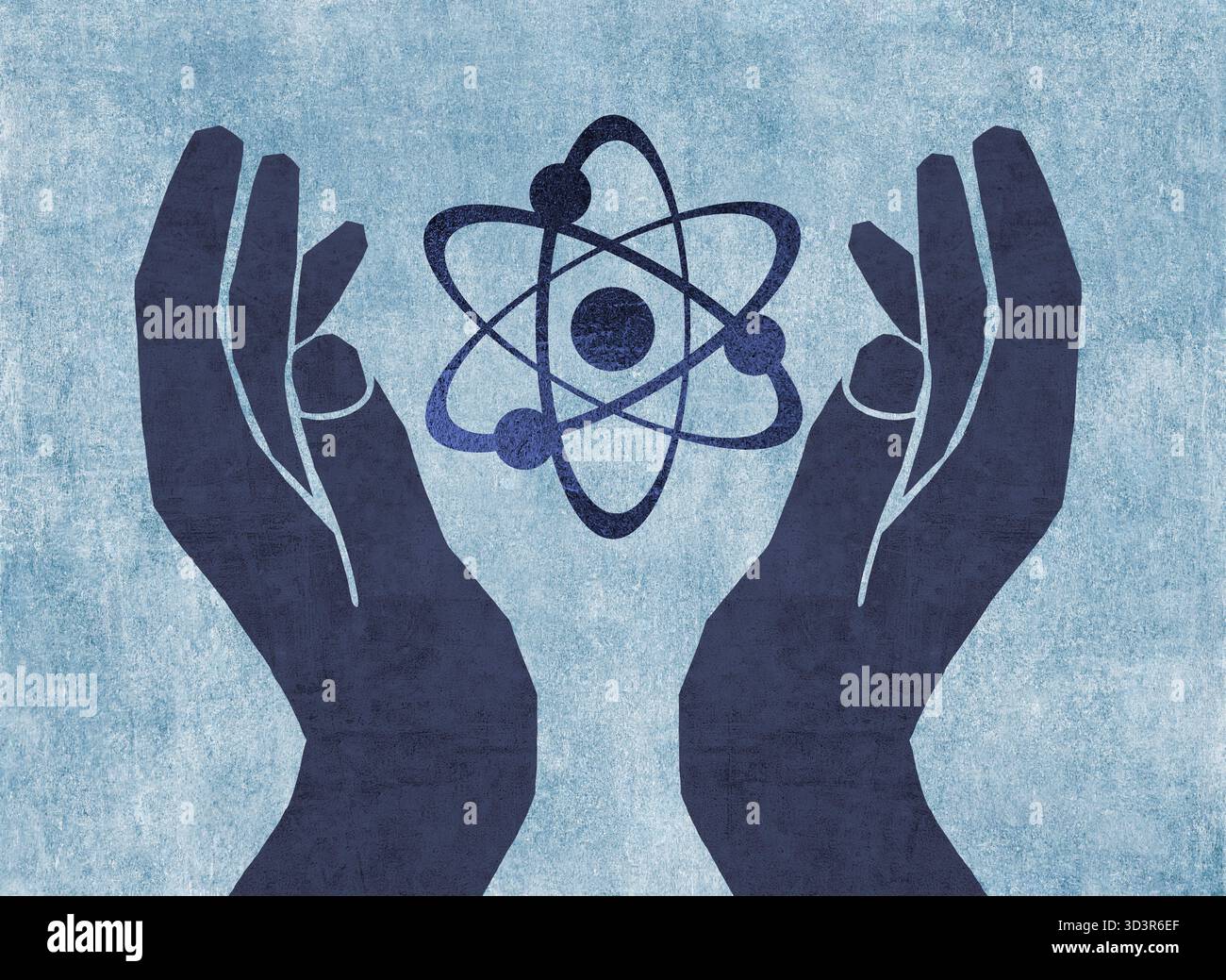 An illustration depicting hands reaching towards an atom, symbolizing ...