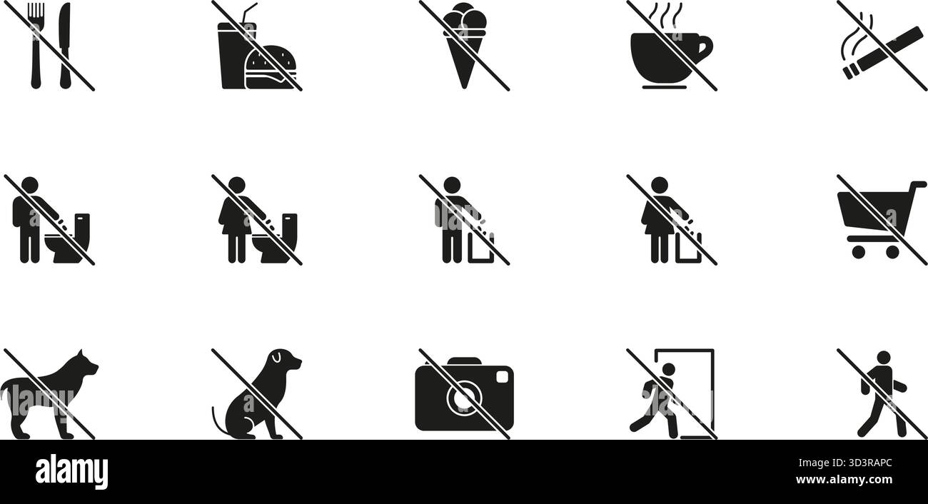 Prohibited Activities Solid Icon Set. No Eating, Drinking, Smoking ...