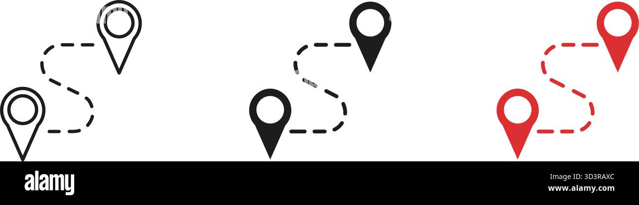 Path Direction with Destination Pointer Line and Solid Icon Set. Route Tracking and Travel Waypoint Navigation Symbol Collection. Isolated Vector Stock Vector