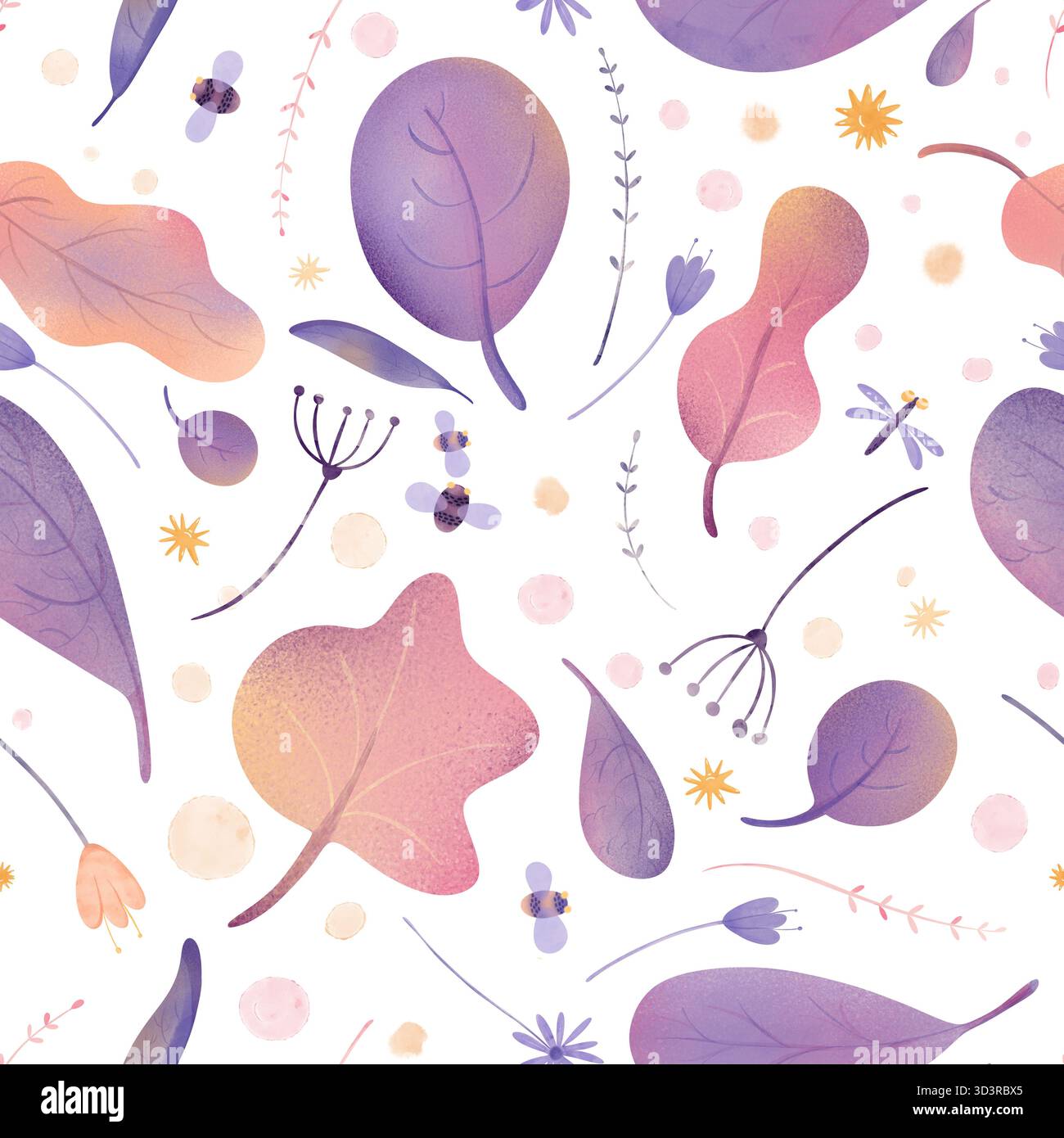 Seamless purple bush pattern with bees and sunset glow. Cute kids ...