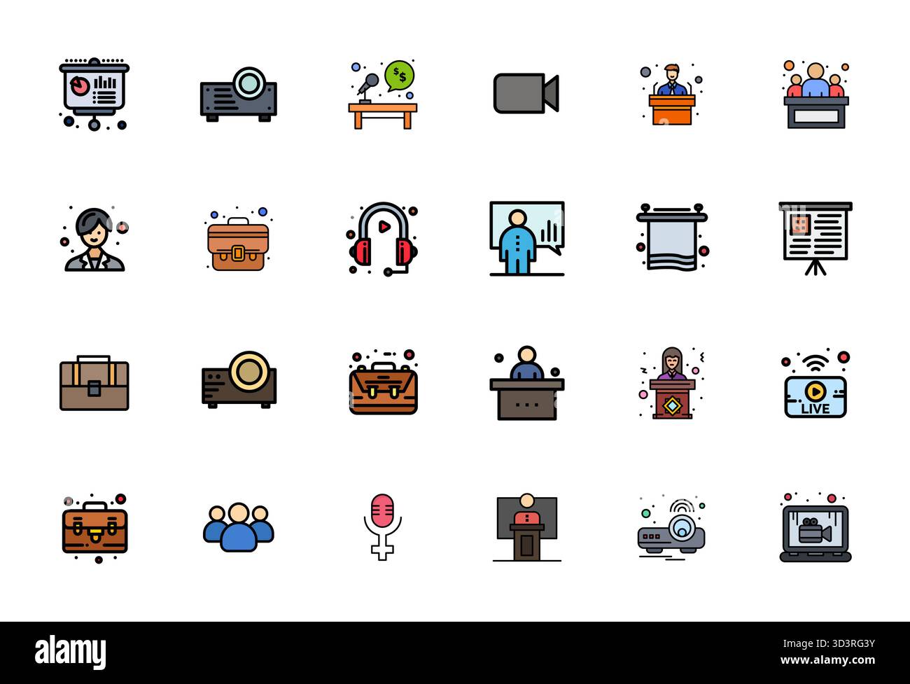 Ultimate collection of 24 vector icons representing Conference in Line Filled aesthetic, optimized with 64x64 Pixel Aligned resolution for maximum imp Stock Vector