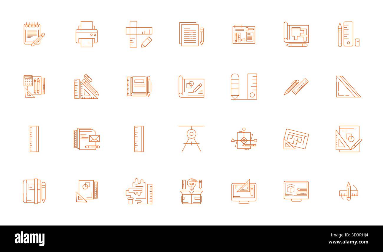 Comprehensive bundle featuring 28 vector icons in Thin Line design for Drafting, delivered in crisp High Resolution Pixel Optimized quality. Stock Vector