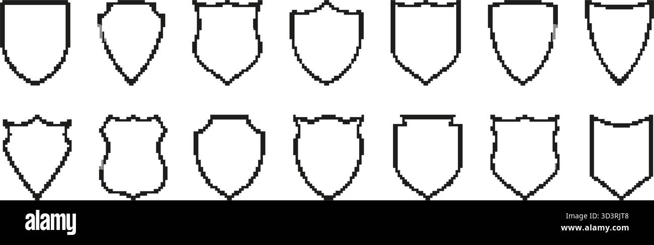 Pixel Art Shield Icon Set. Medieval Heraldry And Protection Symbol Collection. Various Shield Designs For Security And Defense Themes. Isolated Vector Stock Vector