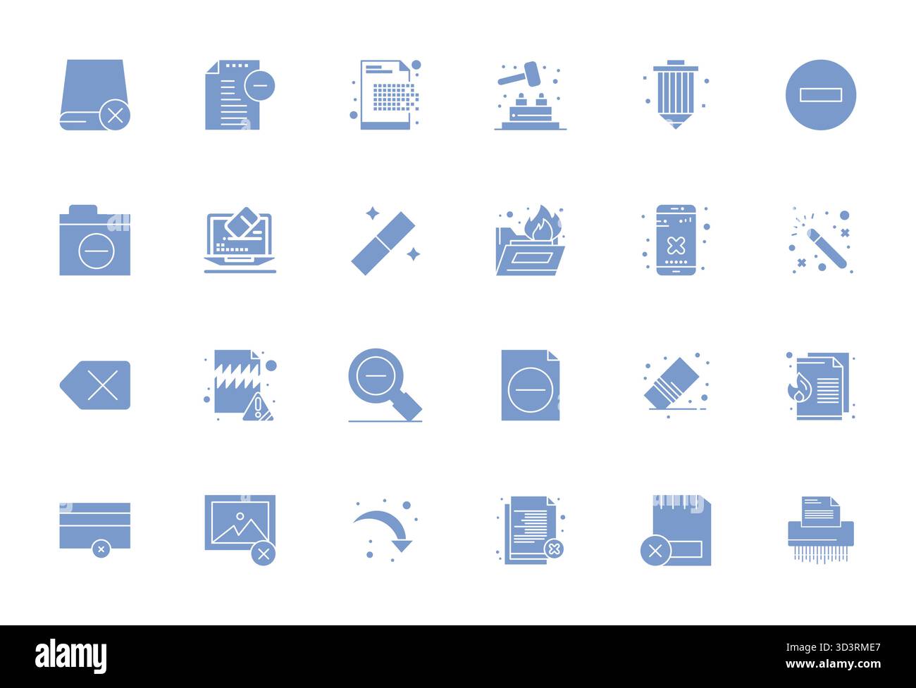 Industry-leading pack of 24 Filled PIXEL Perfect vector icons for Erase, sized at 128x128 for optimal rendering and user interface excellence. Stock Vector