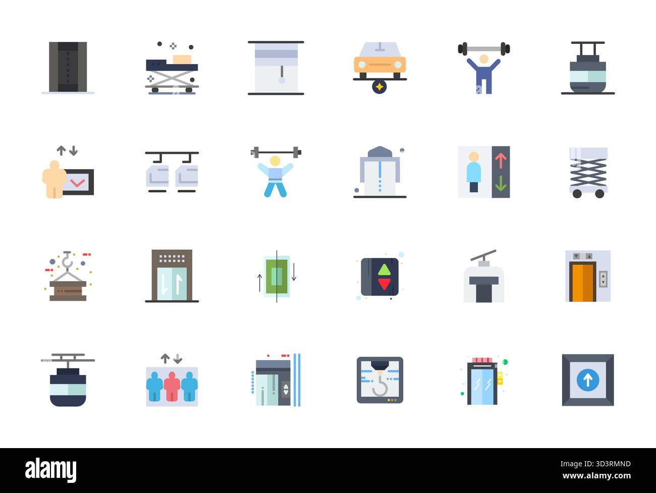 Refined bundle featuring 24 Flat vector icons for Lift, optimized with High Resolution Grid Fitted quality for elegant and functional design solutions Stock Vector