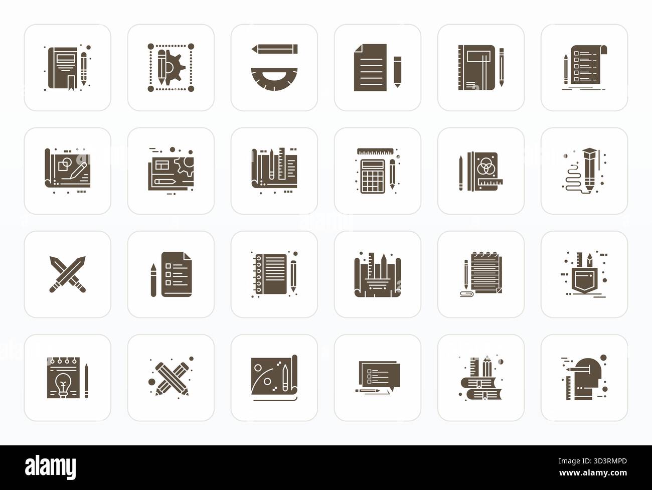 Strategic bundle featuring 24 vector icons representing Pencil in Glyph format, optimized with 128x128 Detail Enhanced quality for professional workfl Stock Vector