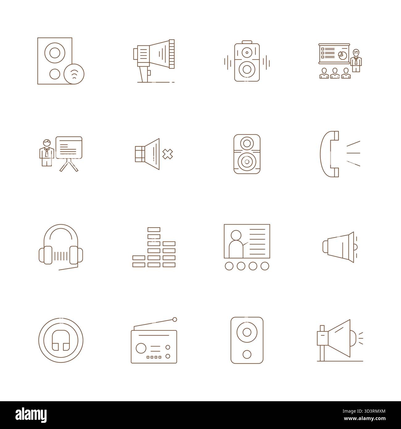 Industry-leading pack of 16 Thin Line Pixel Aligned vector icons for Speaker, sized at 256x256 for optimal rendering and user interface excellence. Stock Vector