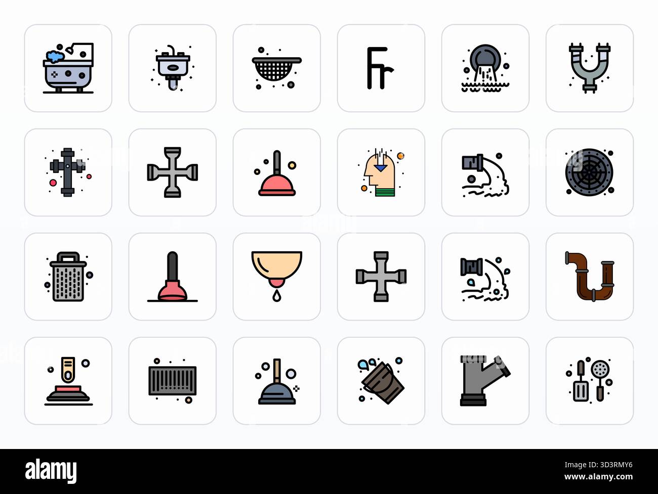 Strategic bundle featuring 24 vector icons representing Drain in Filled Line format, optimized with 128x128 PIXEL Perfect quality for professional wor Stock Vector