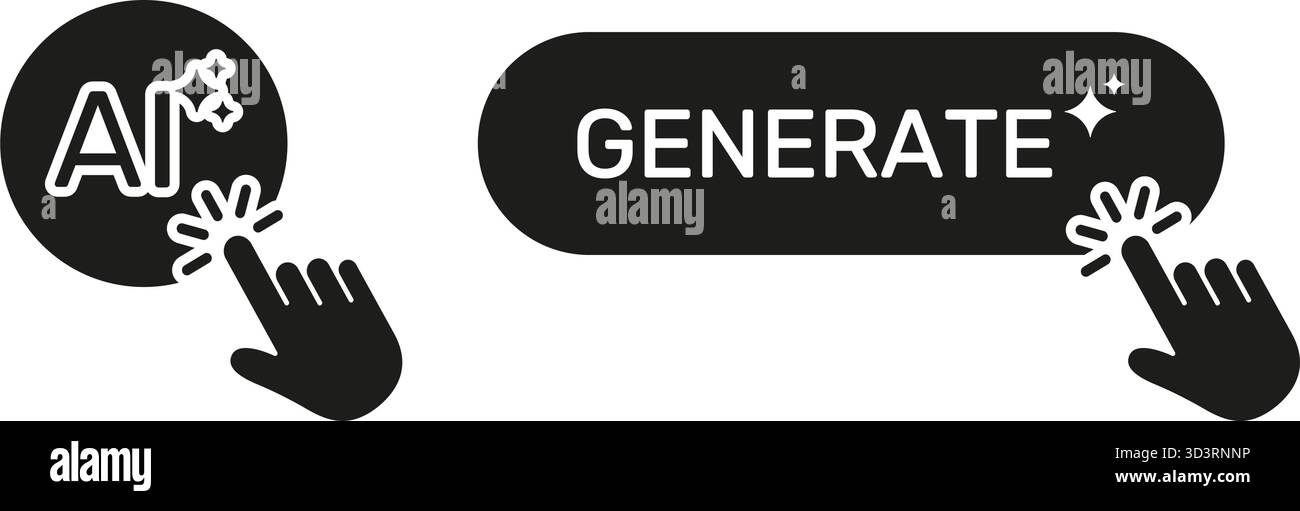 Artificial Intelligence Generate Button Click Cursor Hand Solid Icon Set. Digital Creativity Innovation Machine Learning User Interface Silhouette Stock Vector