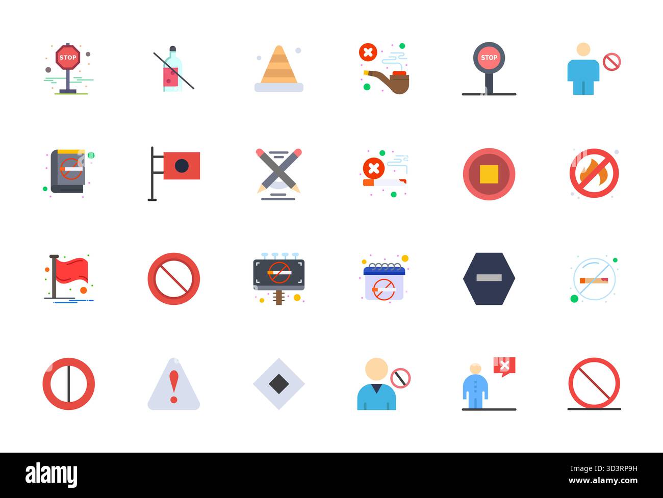 A clean collection of 24 Flat vector icons representing Prohibition, designed in High Resolution Detail Enhanced format for modern dashboards and inte Stock Vector