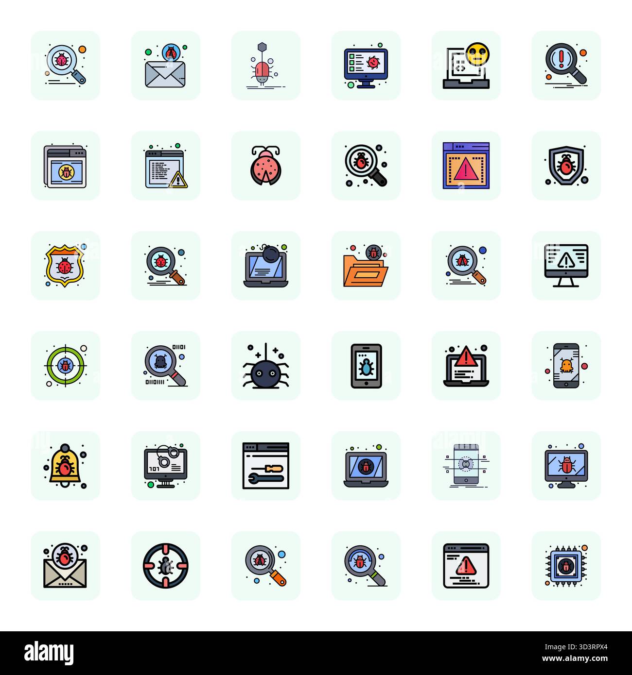 This Bug vector icon pack includes 36 LineFilled designs in 128x128 Grid Fitted format, perfect for enhancing digital interfaces. Stock Vector
