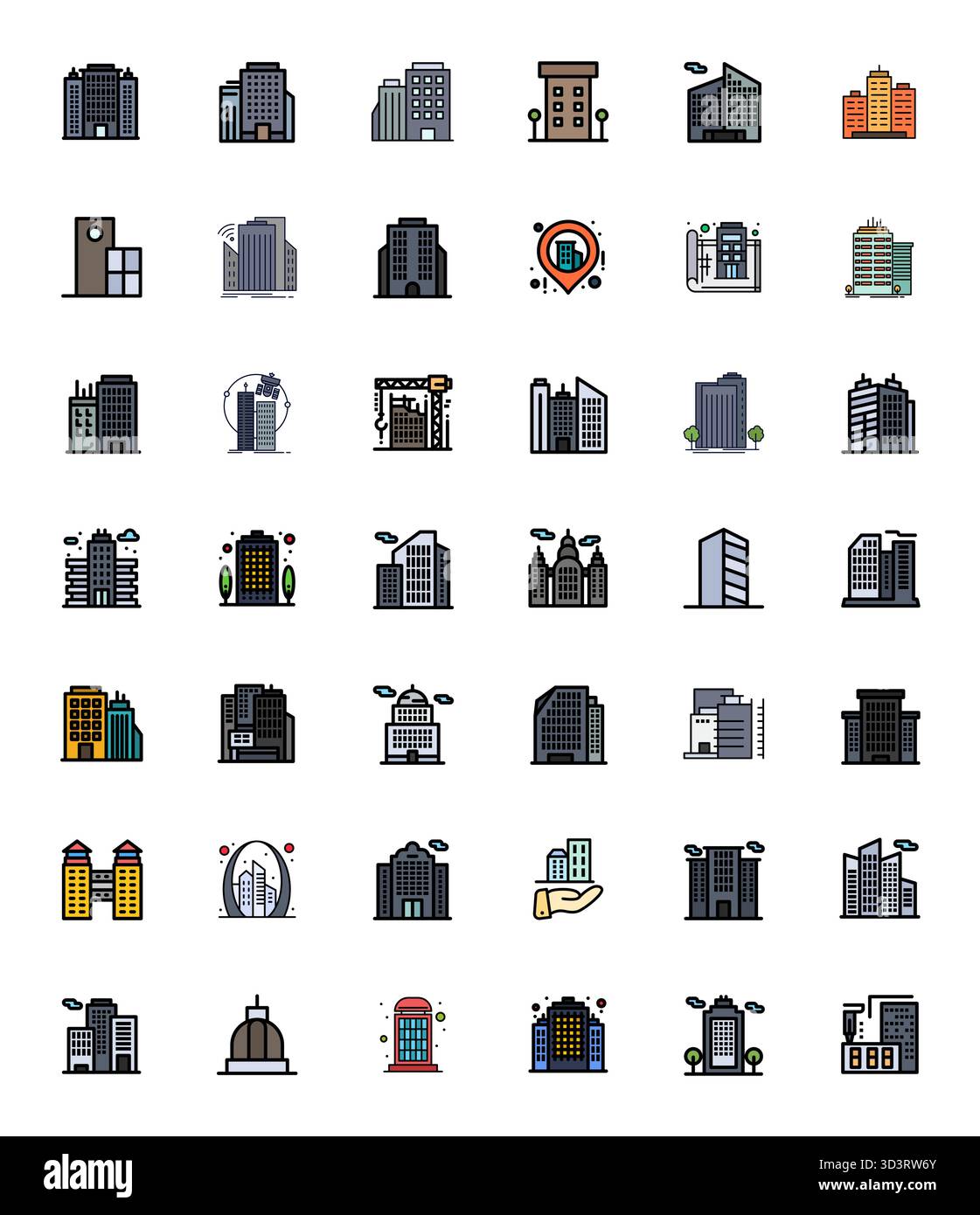 Artfully designed 42 Line Filled Pixel Optimized vector icons for Skyscraper, delivered in High Resolution format for consistent visual excellence. Stock Vector