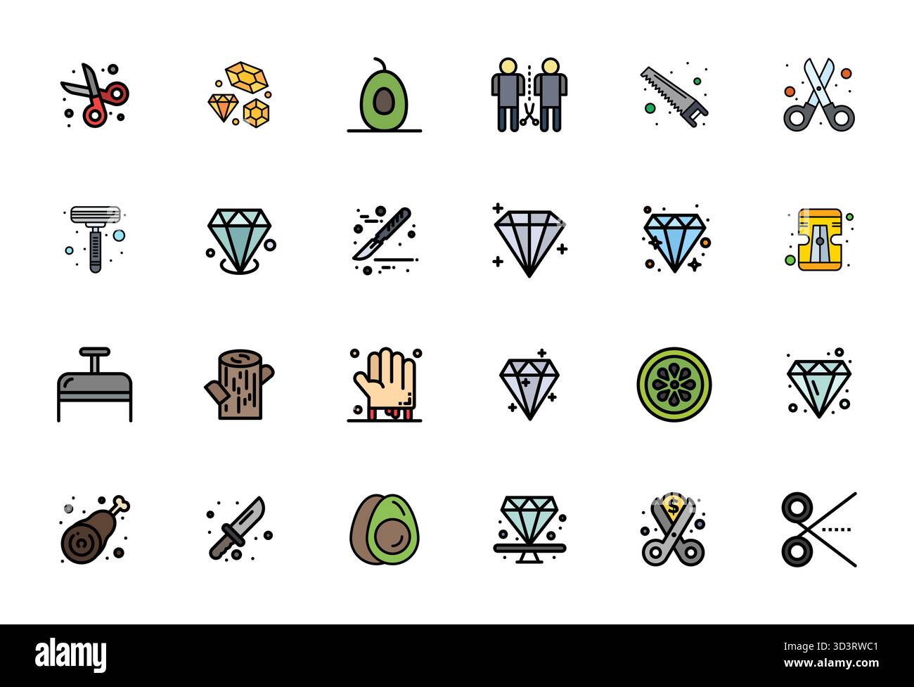 Strategic bundle featuring 24 vector icons representing Cut in Flat Line Filled format, optimized with 256x256 Editable quality for professional workf Stock Vector