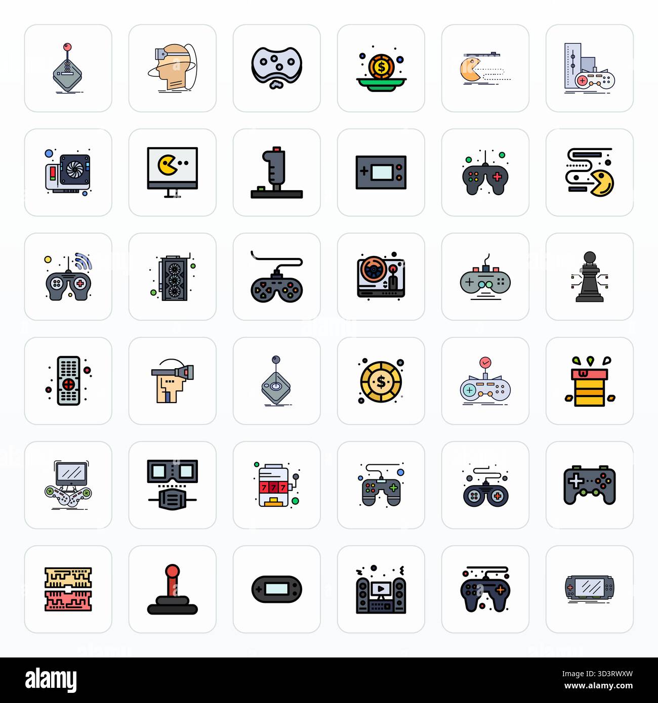 Professionally designed 36 vector icons in Filled Line, capturing the essence of Gaming with Retina Ready Editable precision for UI design. Stock Vector