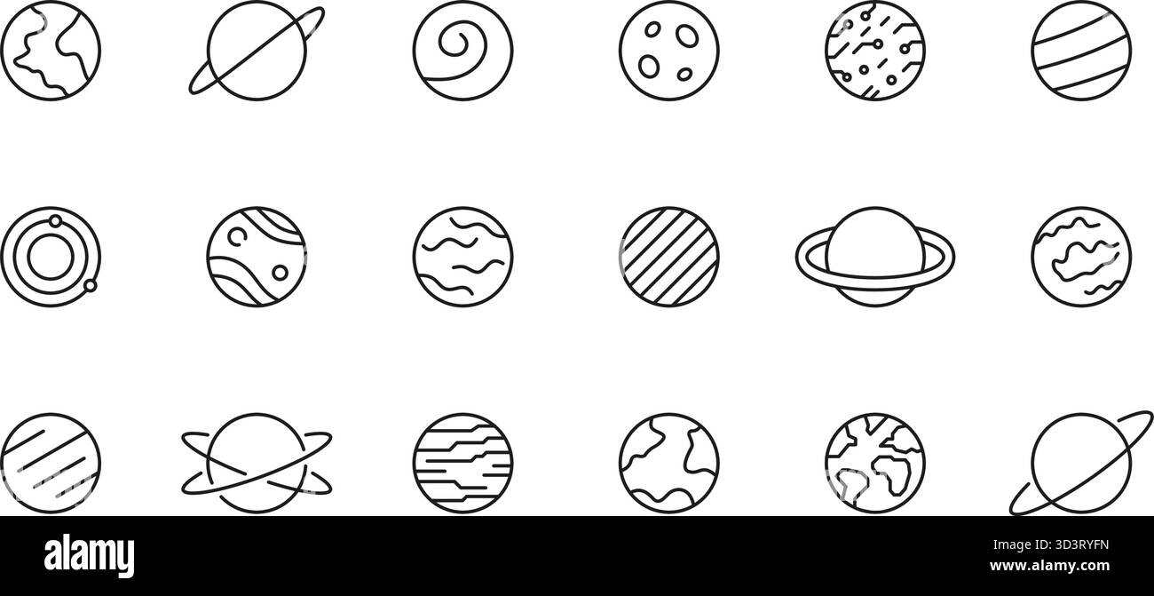 Set of Planet Line Icons. Space Planet, Earth, Moon, Sun and Galaxy ...