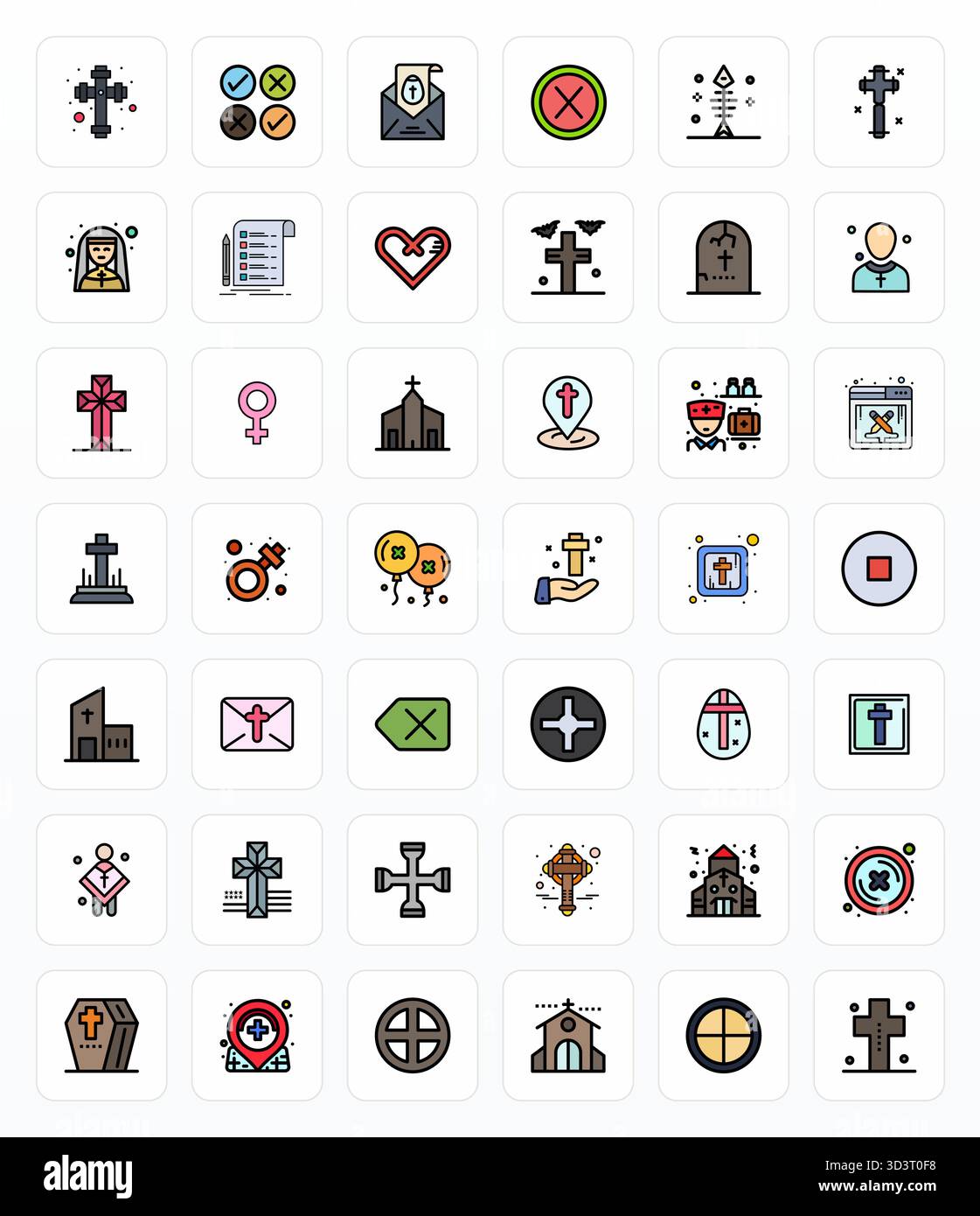 Contemporary collection of 42 vector icons representing Cross in Filled Line aesthetic, featuring High Resolution Detail Enhanced resolution for moder Stock Vector