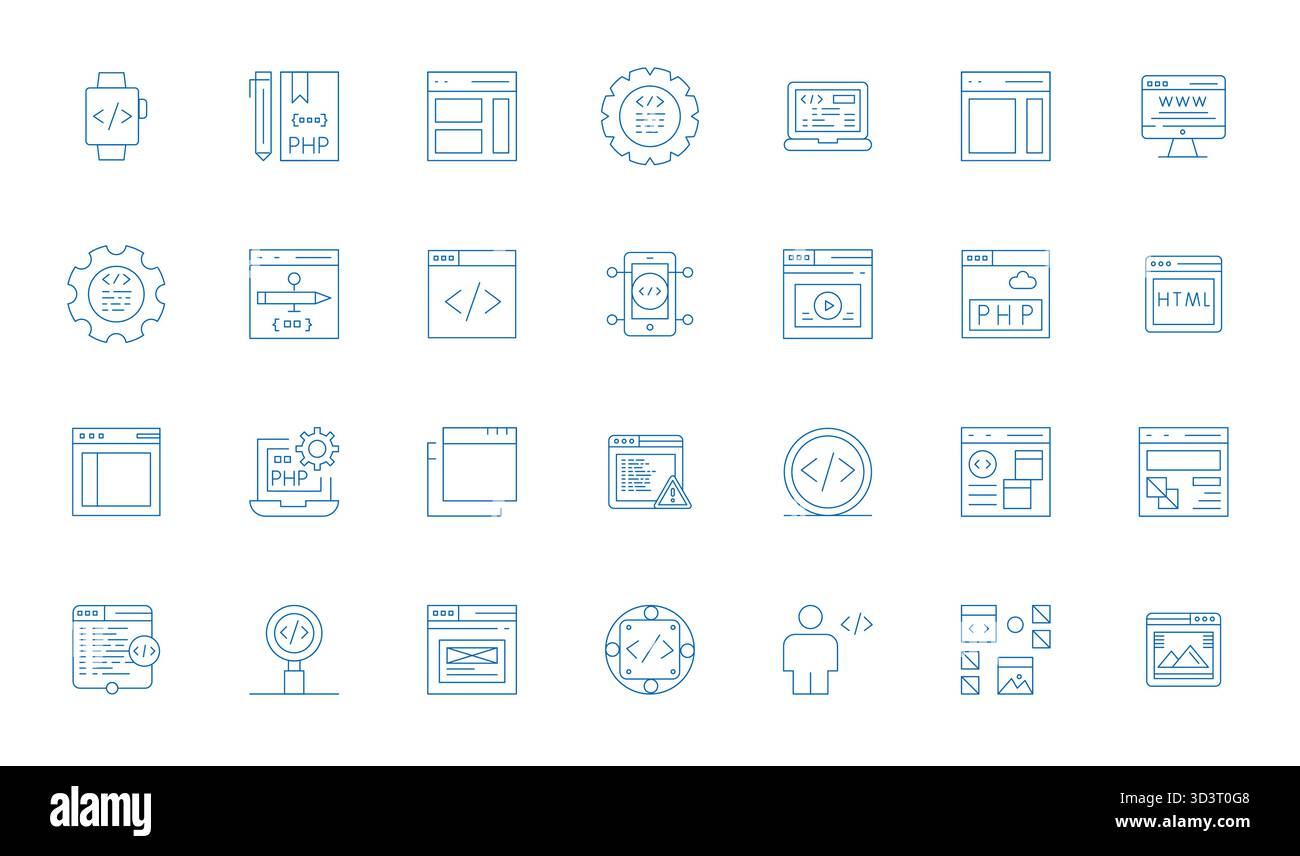 Masterfully created 28 vector icons representing Html in Thin Line design, featuring 256x256 Display Perfect resolution for exceptional visual quality Stock Vector