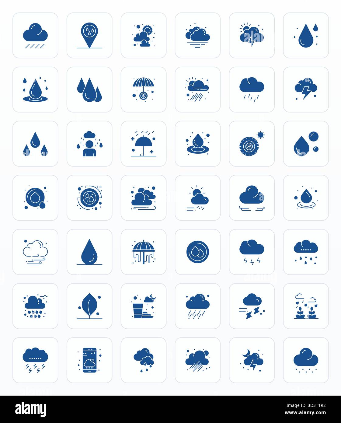 This Rain vector icon pack includes 42 Glyph designs in High Resolution Grid Fitted format, perfect for enhancing digital interfaces. Stock Vector