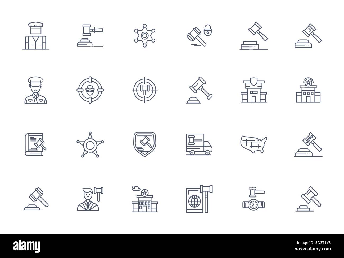 A clean collection of 24 Bold Line vector icons representing Enforcement, designed in 256x256 Pixel Aligned format for modern dashboards and interface Stock Vector
