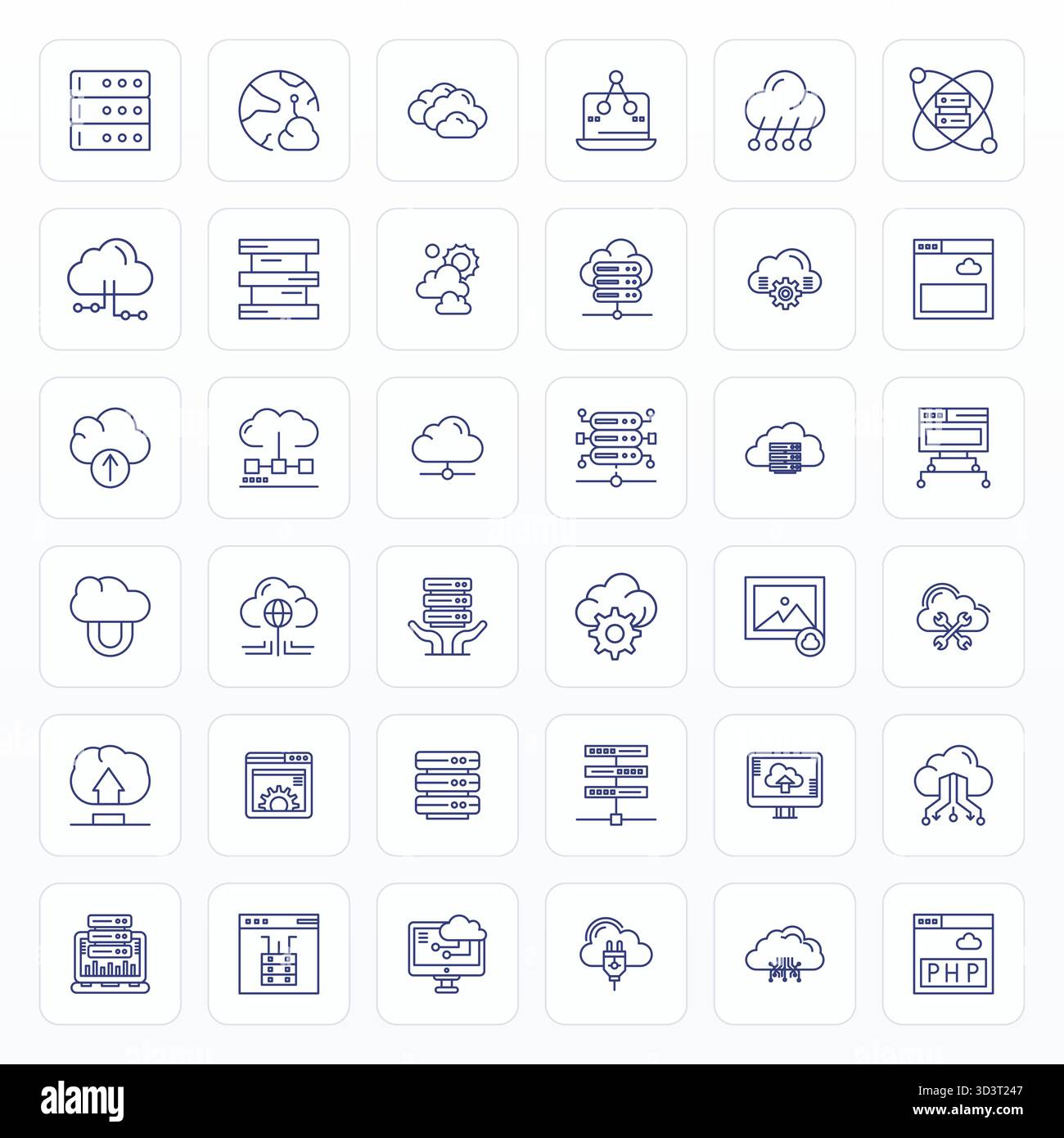 Strategic bundle featuring 36 vector icons representing Hosting in Bold Line format, optimized with 256x256 Pixel Optimized quality for professional w Stock Vector